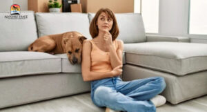 woman sitting on the floor and dog sitting on the couch