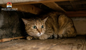 anxious cat hiding under couch