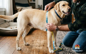 dog getting measured for harness