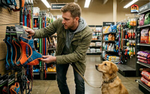 Man shopping for a dog harness at the pet store man shopping for a dog harness at the pet store